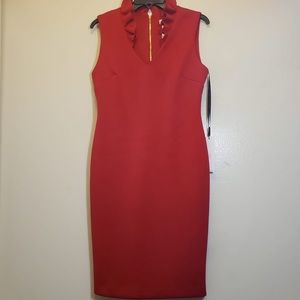 Calvin Klein Ruffle Neck Red Sheath Dress. Size 8